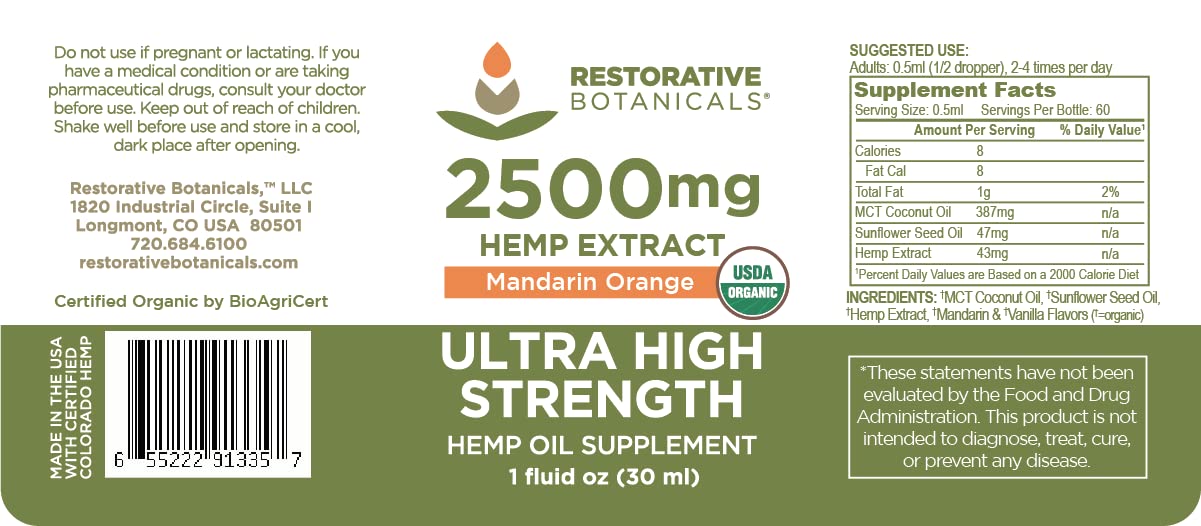 Restorative Botanicals 2500mg label closeup showing potency and quality