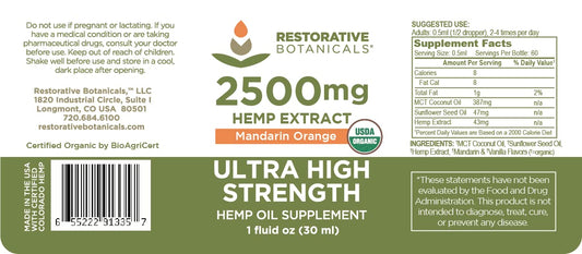 Restorative Botanicals 2500mg label closeup showing potency and quality