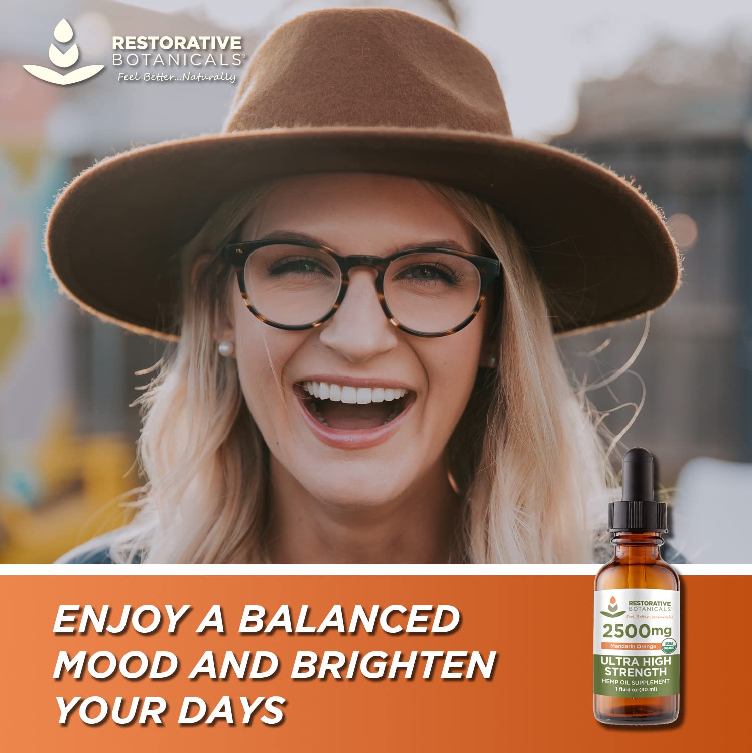Restorative Botanicals orange-flavored hemp oil bottle with refreshing aroma