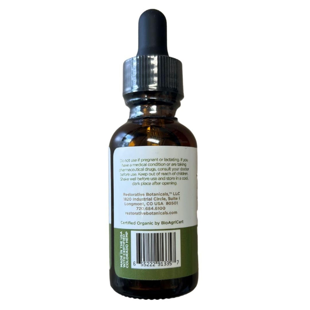 Restorative Botanicals hemp oil bottle with dropper ready to use for daily routine