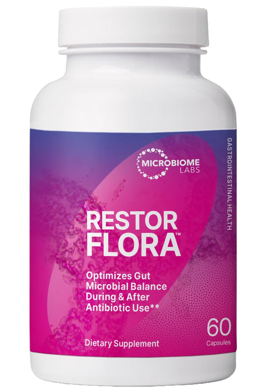 Microbiome Labs Restorflora bottle showing dual-action probiotics for gut balance.