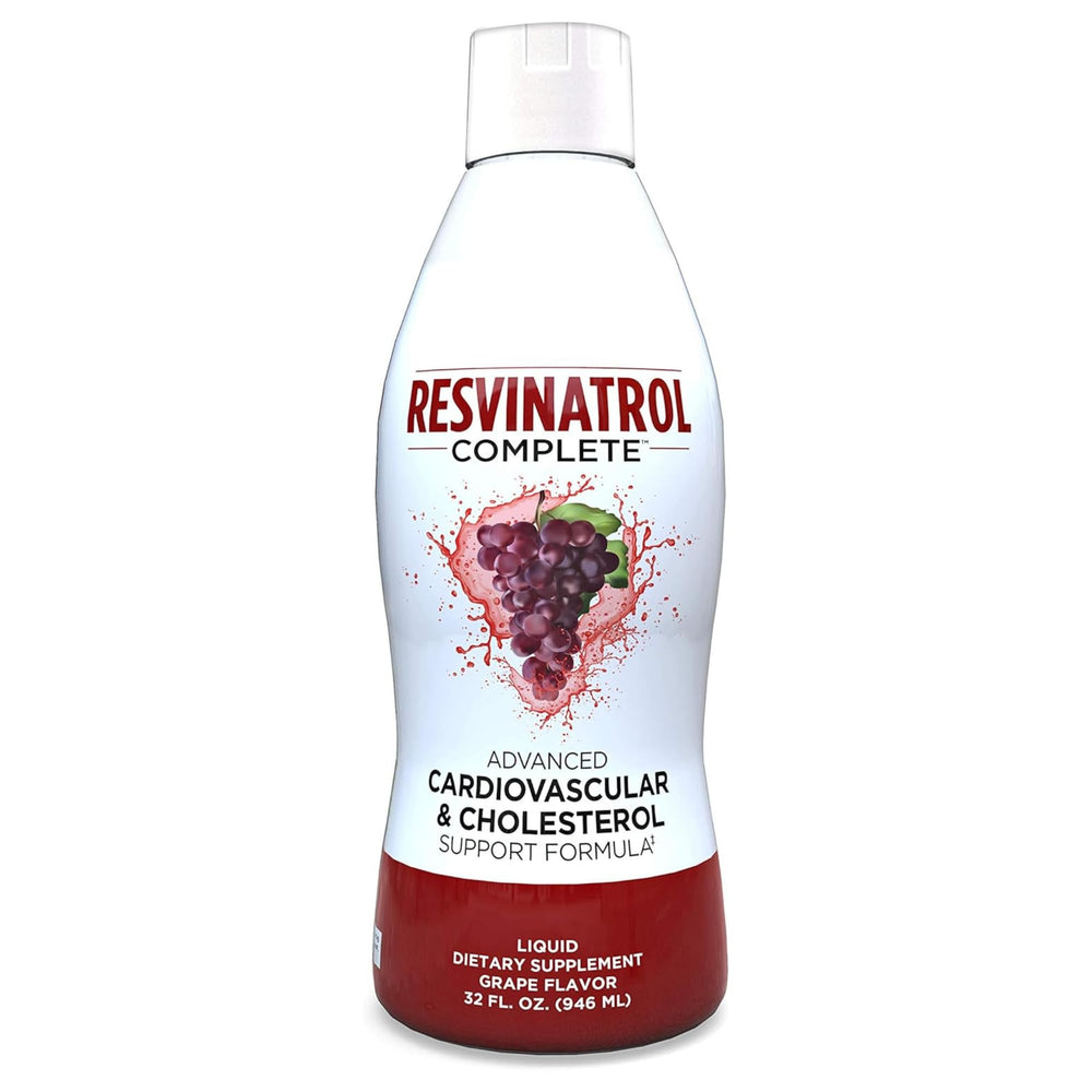 Resvinatrol Complete bottle front with grape flavor and heart health theme.