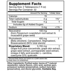 Resvinatrol Complete bottle label shows resveratrol and phytosterols for cardiovascular wellness.
