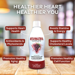 Resvinatrol Complete bottle beside a glass suggesting daily consumption.