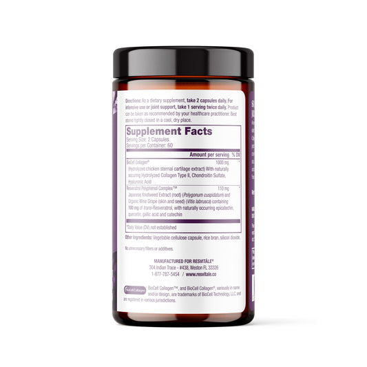 ResVitale Collagen Enhance bottle pour demonstrates easy daily use with water.