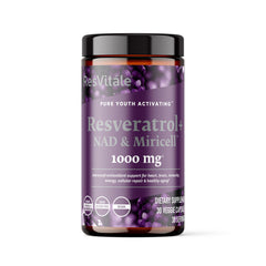 ResVitale Resveratrol + NAD & Miricell bottle front for daily antioxidant support.