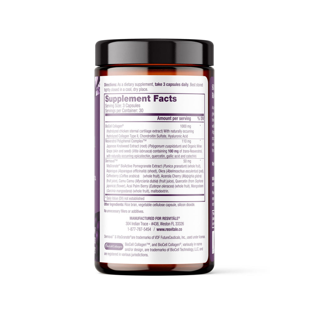 ResVitale Ultra Collagen Enhance capsules closeup showcases veggie formula for skin support