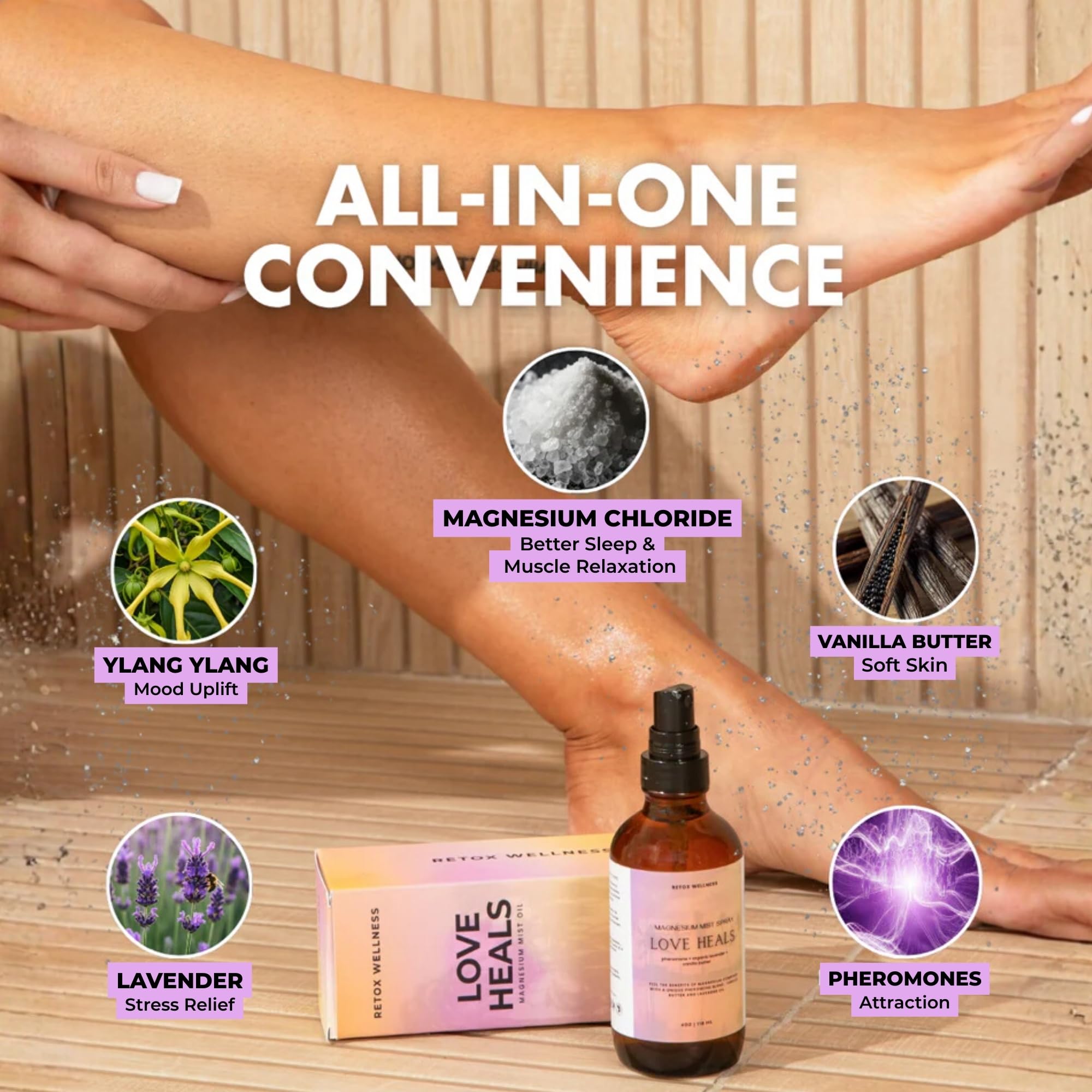 Retox Wellness Love Heals bottle in a dim bedroom, promotes sleep-friendly routine.