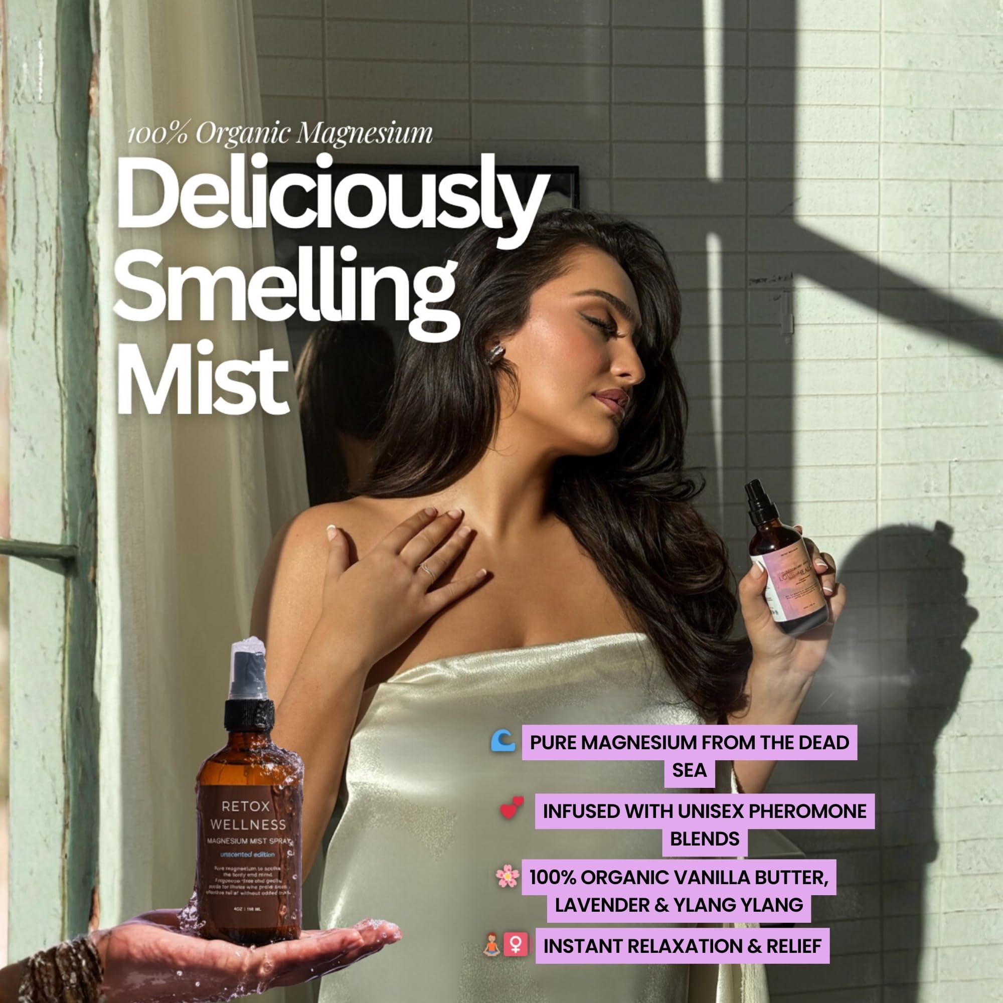 Retox Wellness Love Heals spray application, lightweight formula for post-workout muscle relief.