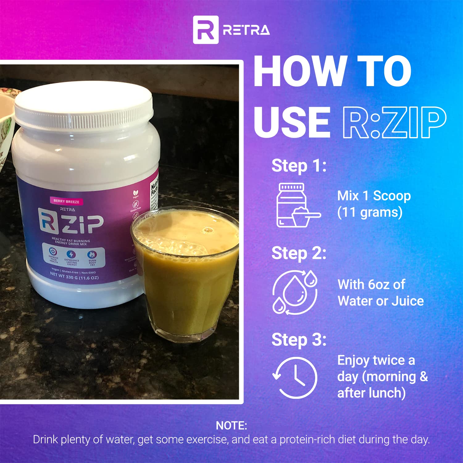 RETRA Zip Berry Breeze fitness scene emphasizing sustained energy during workouts