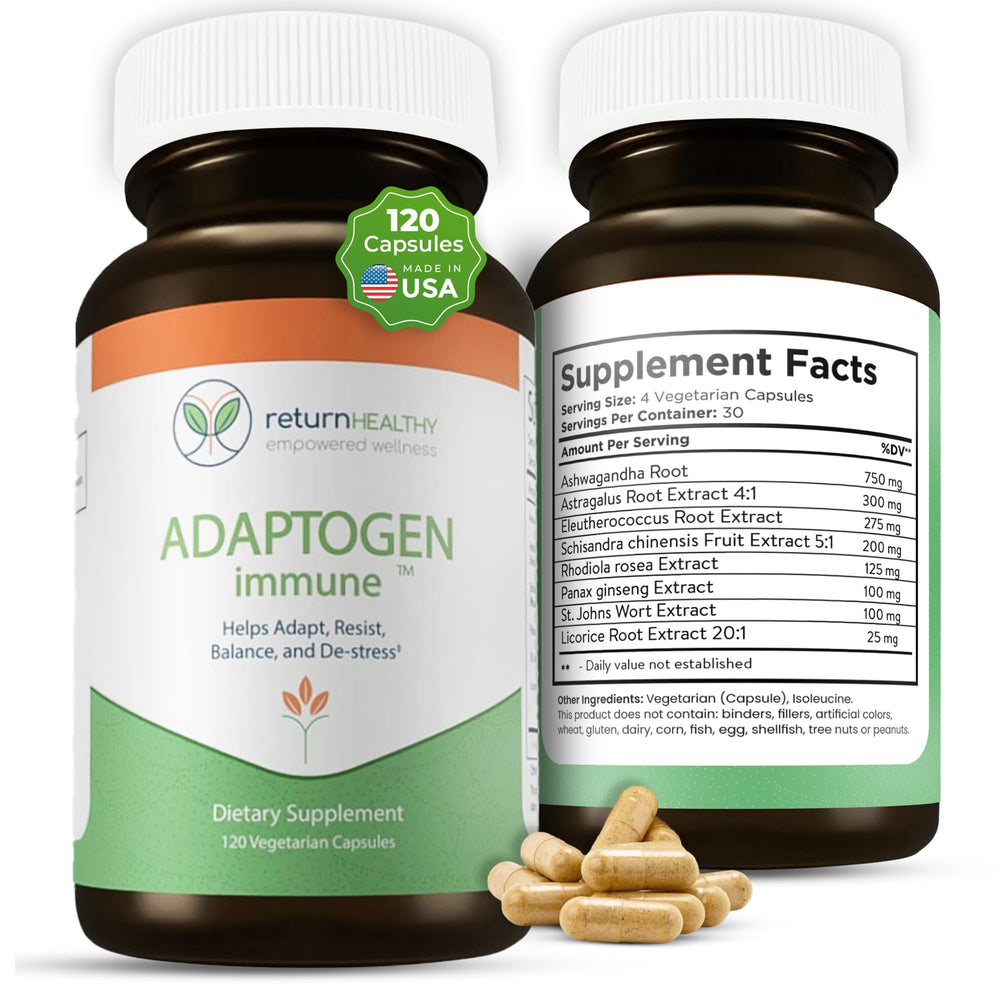 Return Healthy Adaptogen Immune bottle highlighting a natural stress support blend for daily balance.