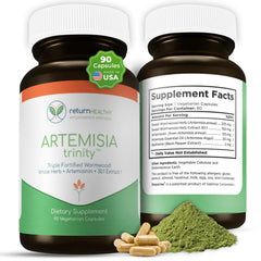 Return Healthy Artemisia Trinity bottle showing capsules for daily use.