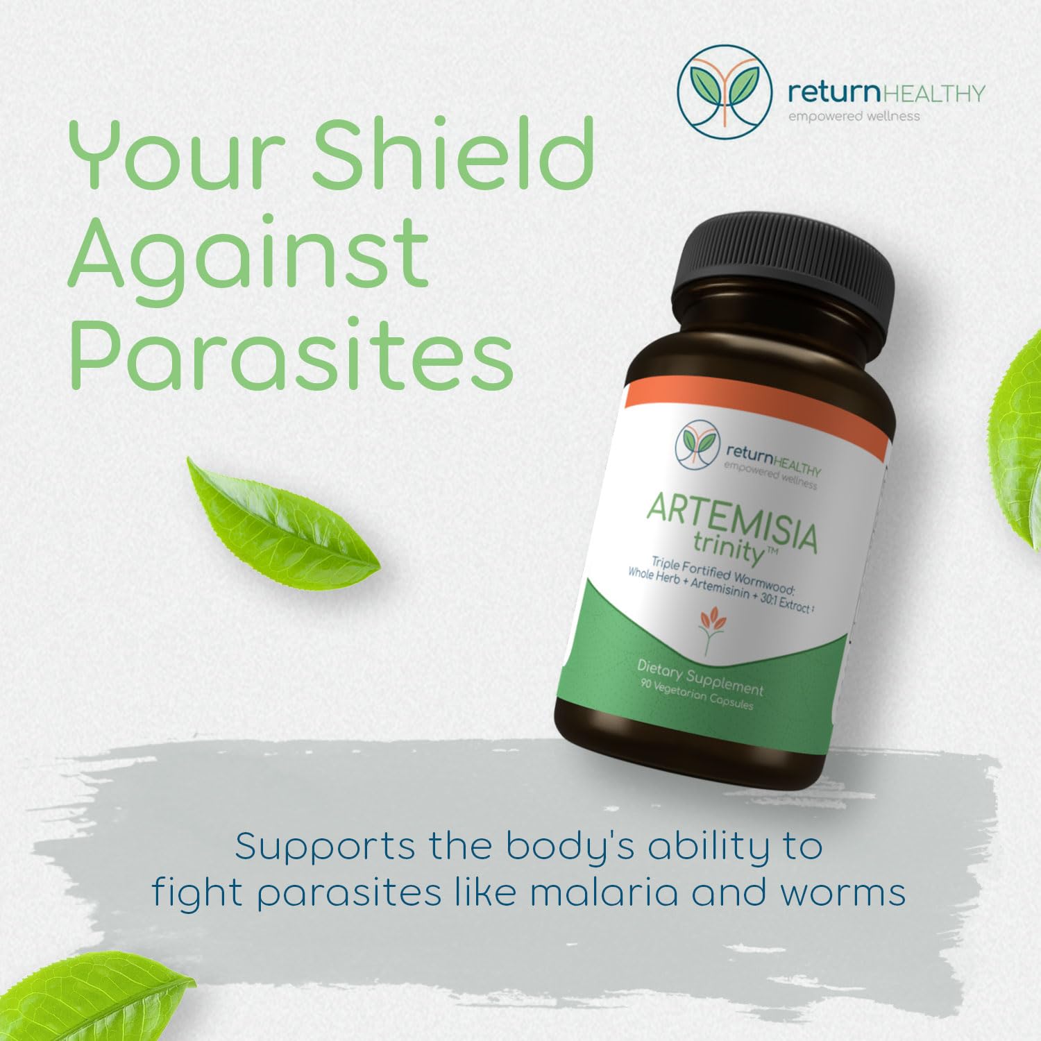 Capsules of Return Healthy Artemisia Trinity shown in close-up.