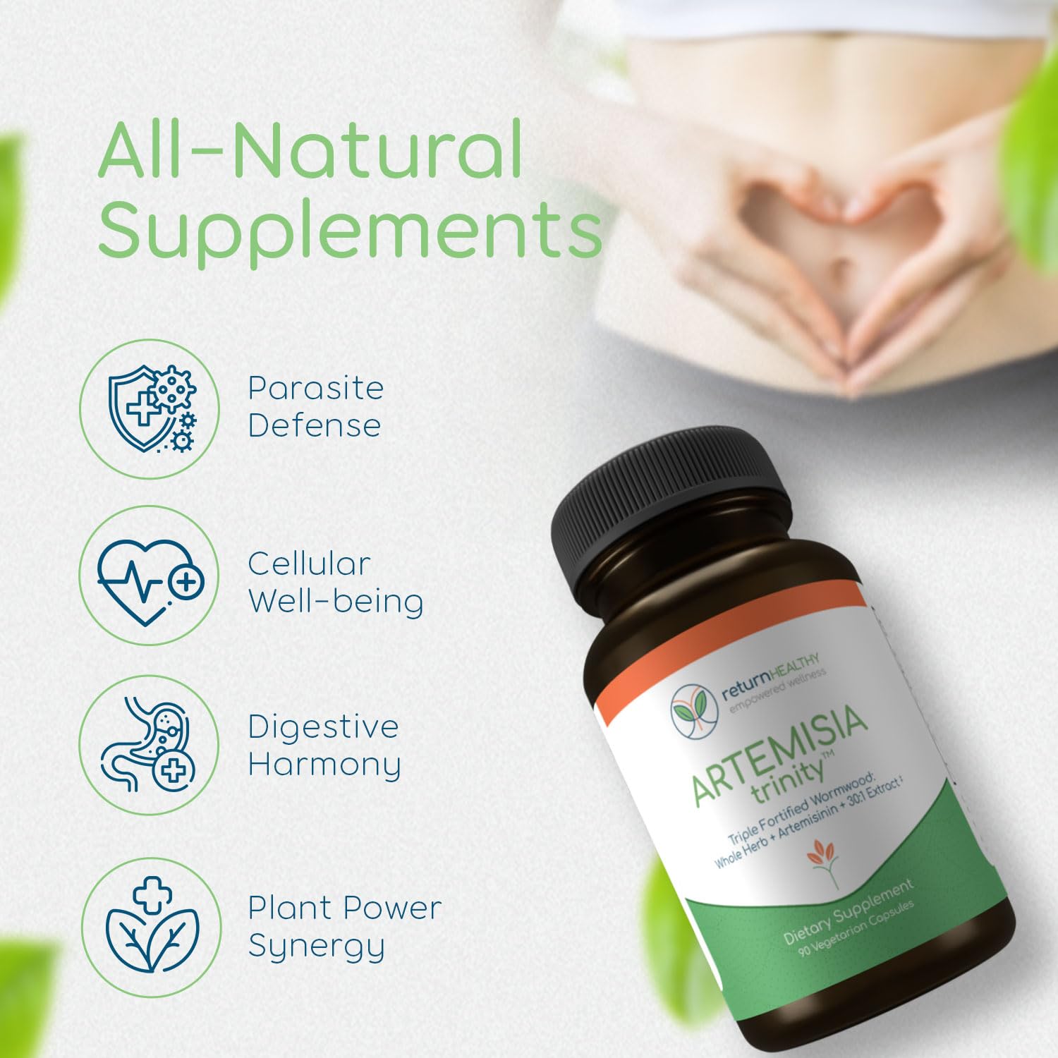 Label detail for Return Healthy Artemisia Trinity, highlighting USA-made formula.