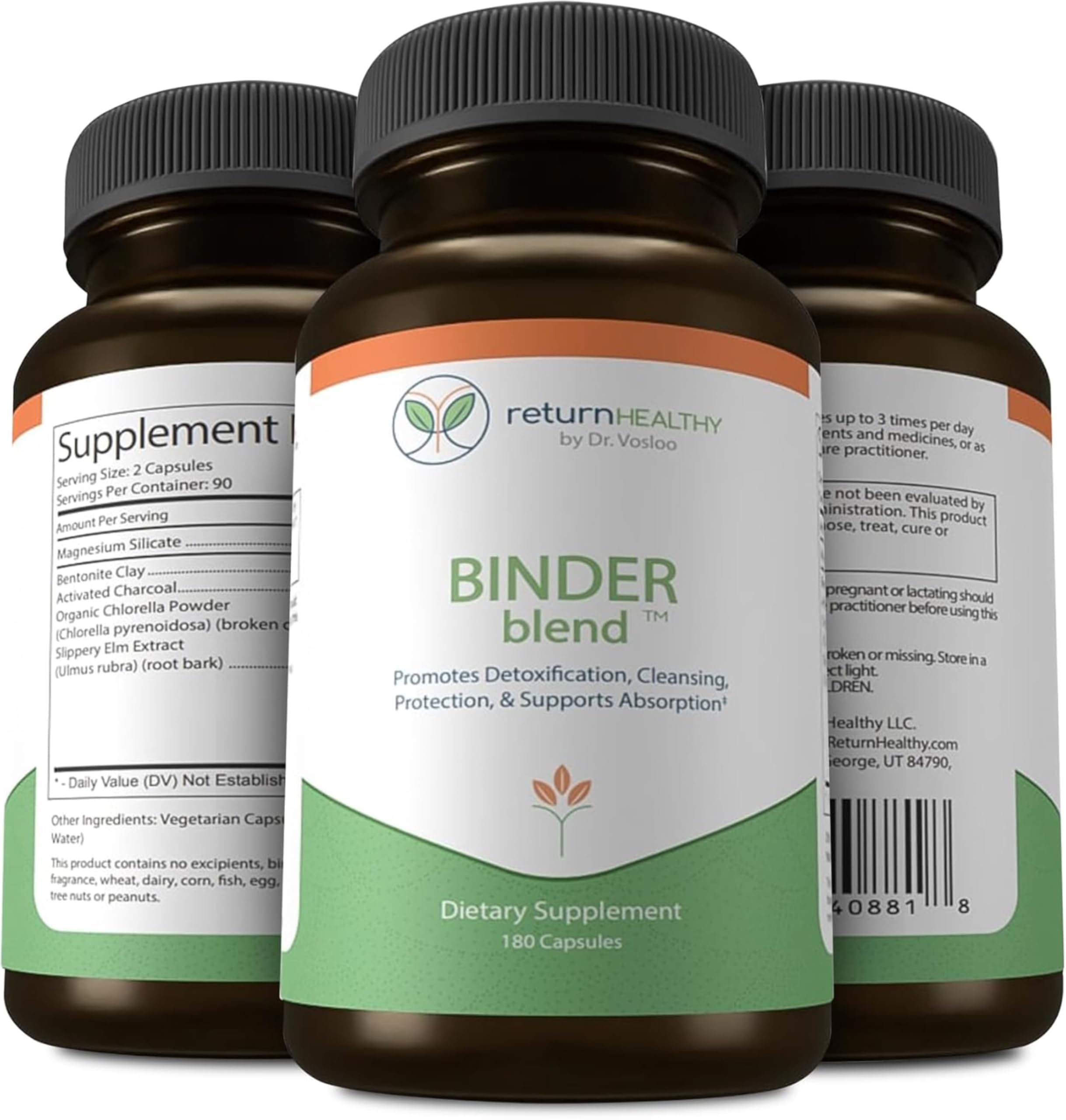 Return Healthy Binder Blend bottle with activated charcoal for gentle gut detox.