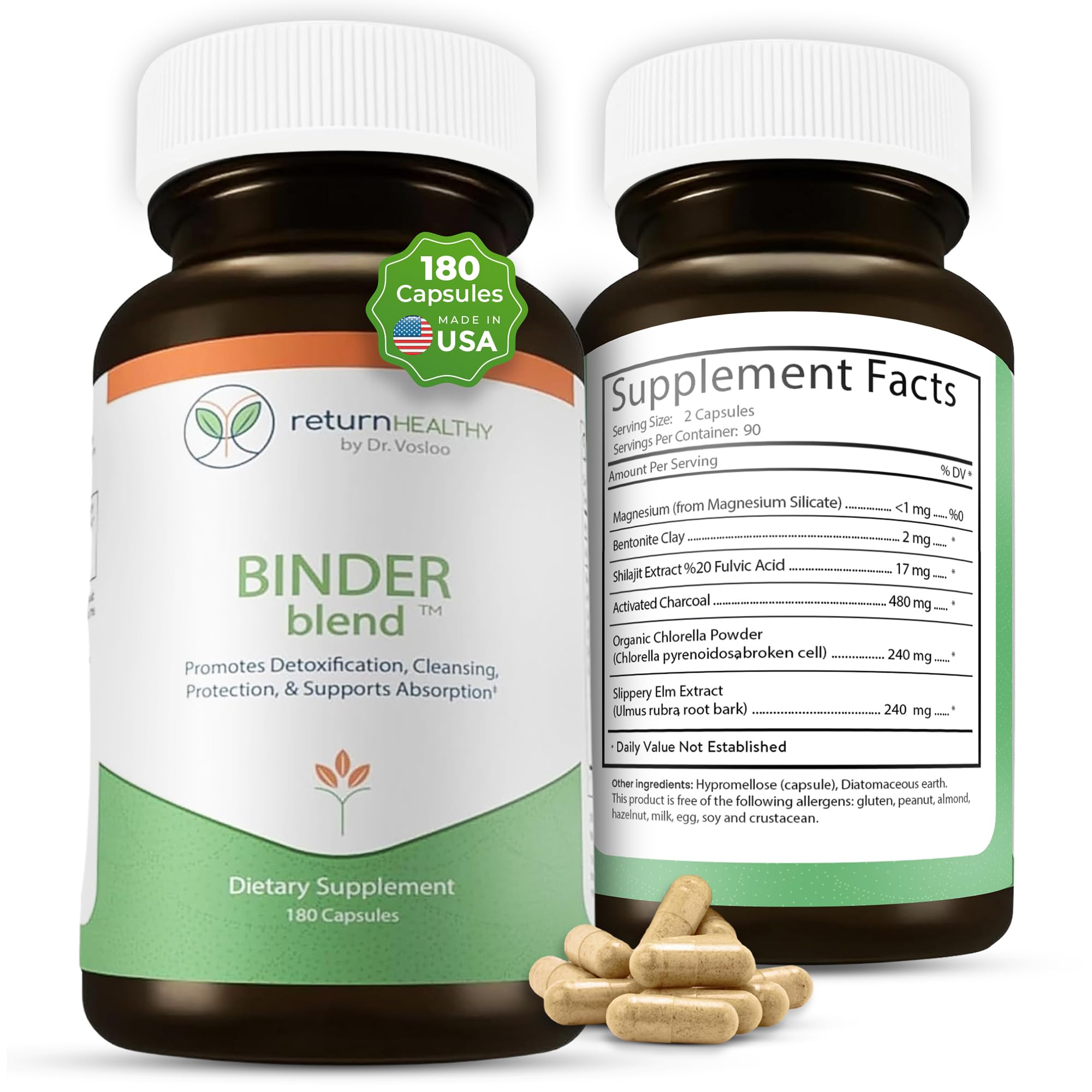 Return Healthy Binder Blend capsules ready for gut support and toxin binding