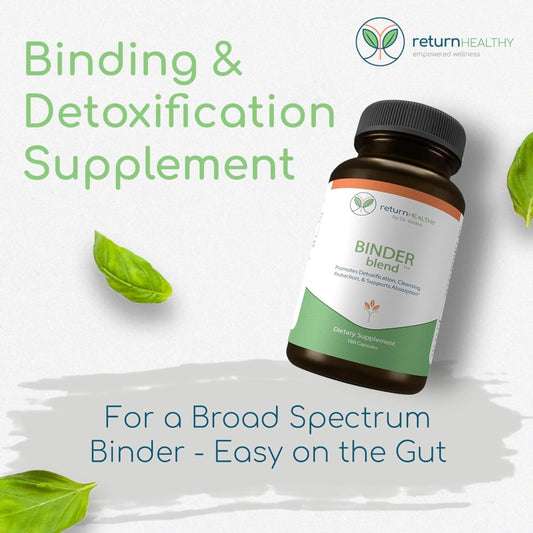 Binder Blend capsules on a clean setup highlight detox ingredients for digestion.