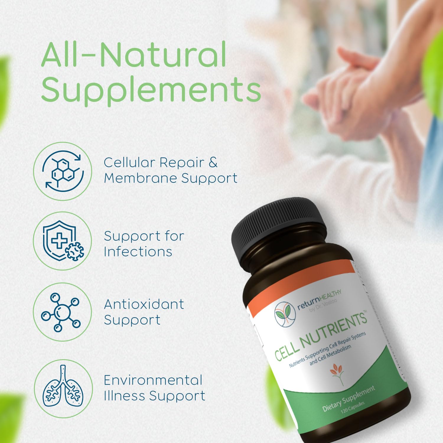 Return Healthy Cell Nutrients capsules closeup highlighting vegan, non-GMO formulation