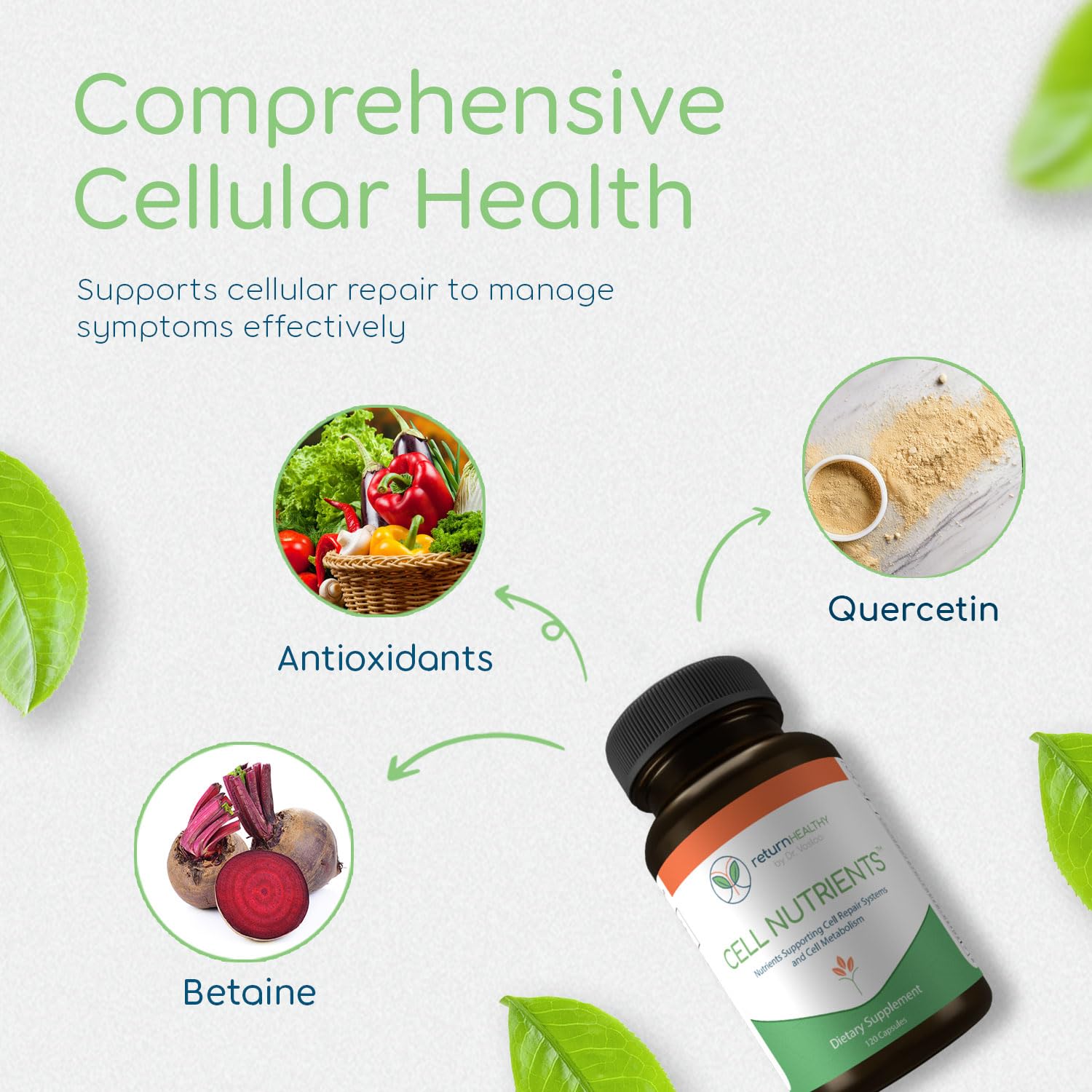 In-hand view of Return Healthy Cell Nutrients capsules shows easy daily dosing