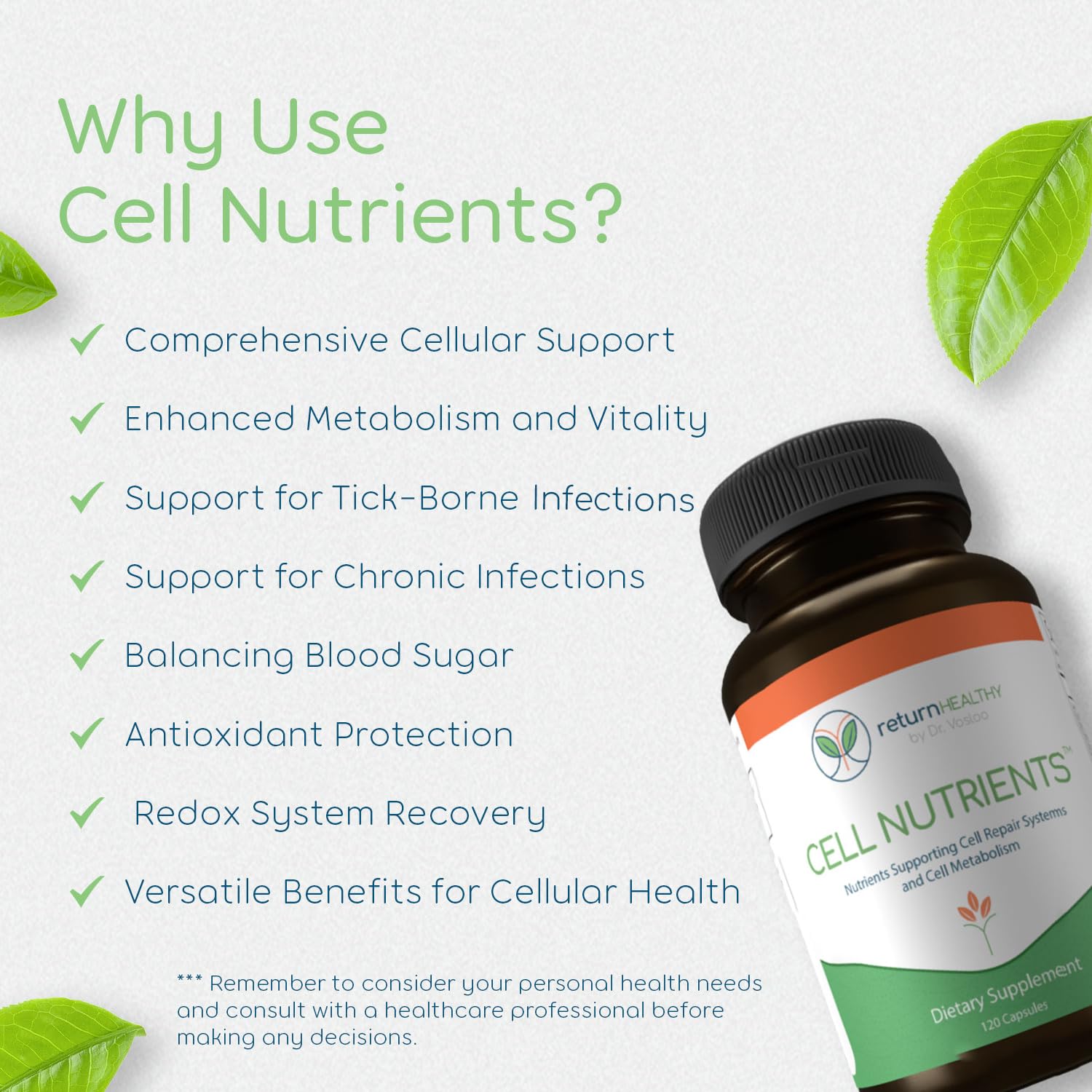 Return Healthy Cell Nutrients USA-made label communicates quality and vegan composition