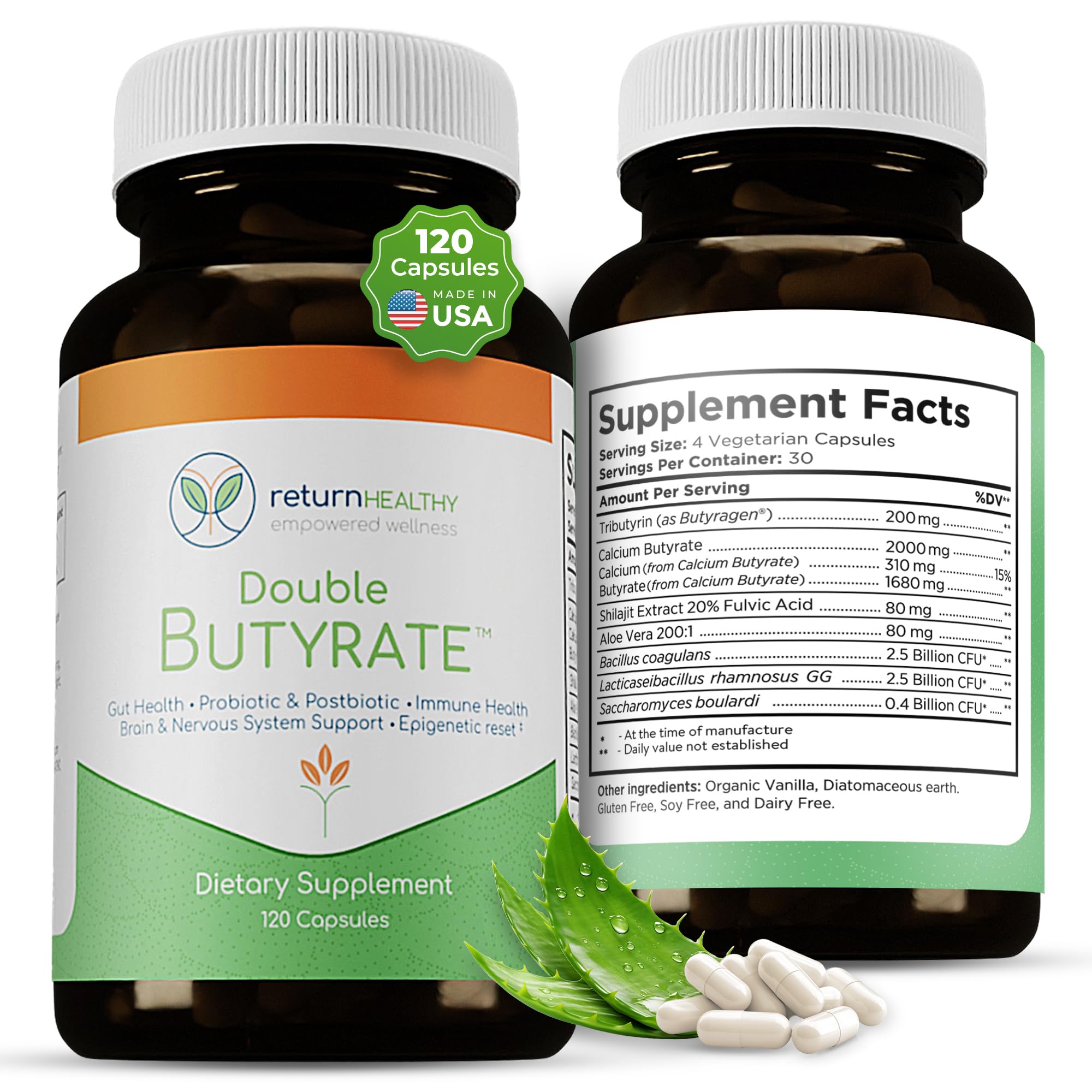 Return Healthy Double Butyrate bottle label highlighting gut support and branding