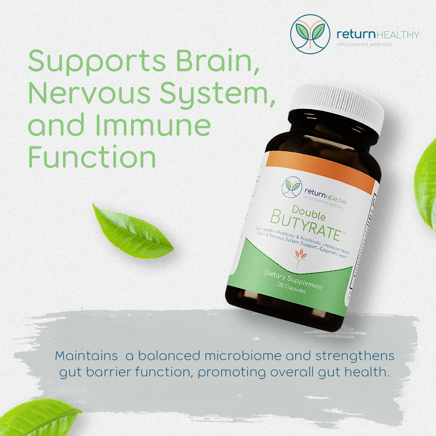 Return Healthy Double Butyrate capsules closeup showing easy-to-swallow pills for daily gut care