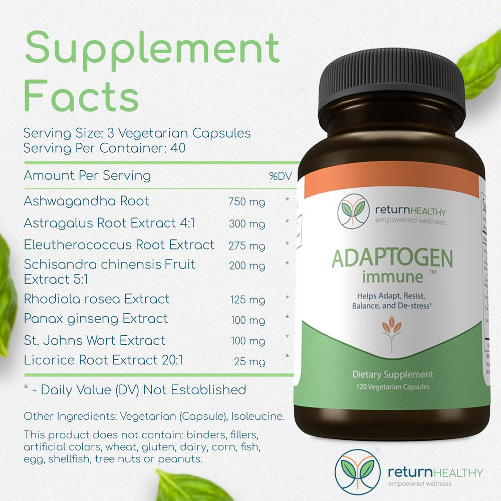 Return Healthy Eleutherococcus visual emphasizes broad adaptogen support during busy days.