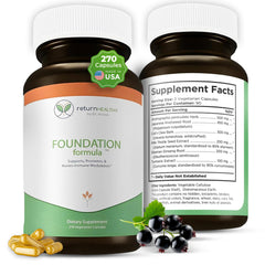 Return Healthy Foundation bottle-front supports holistic wellness with natural ingredients.