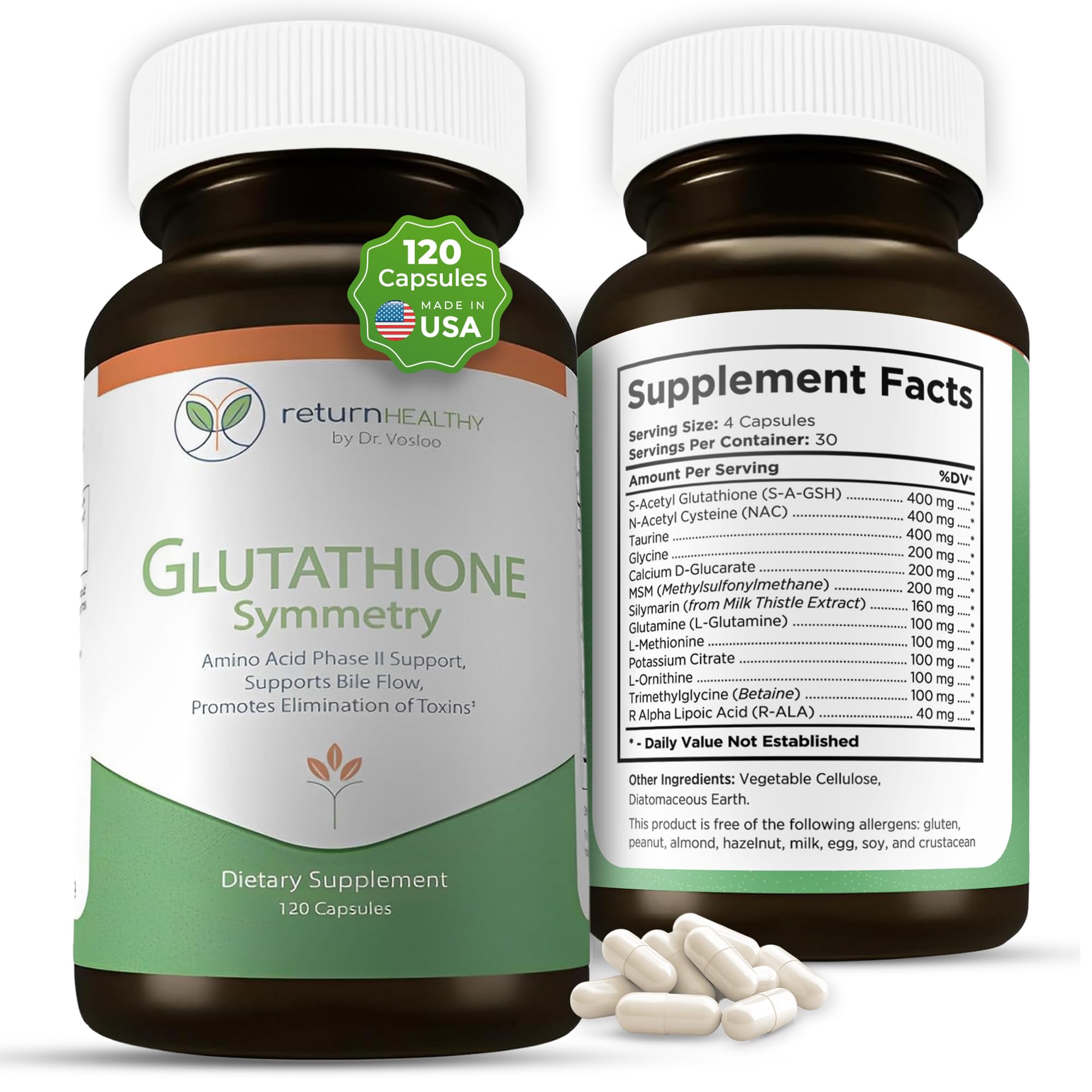 Return Healthy Glutathione Symmetry bottle front showcases daily detox support