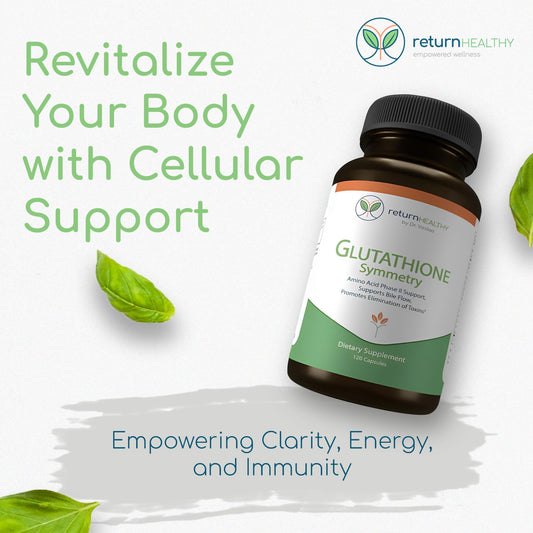Return Healthy Glutathione Symmetry capsules in a jar highlight easy absorption