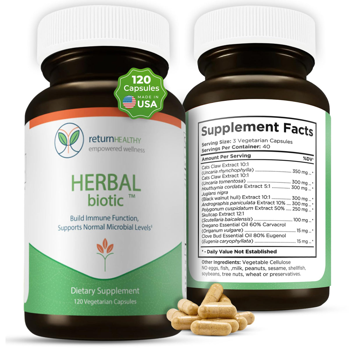 This close-up shows the Return Healthy Herbal Biotic bottle and label for daily wellness support.