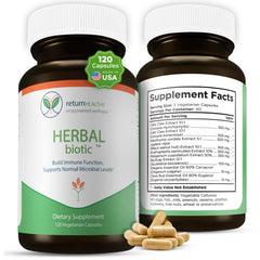 This close-up shows the Return Healthy Herbal Biotic bottle and label for daily wellness support.