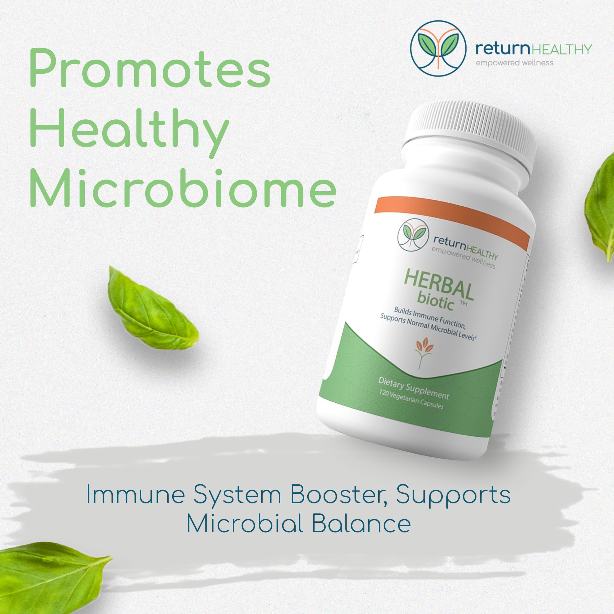 This close-up of Return Healthy Herbal Biotic capsules highlights vegan immune support.