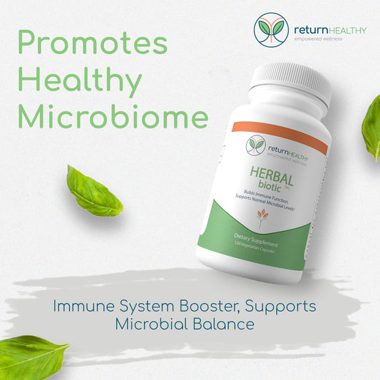 This close-up of Return Healthy Herbal Biotic capsules highlights vegan immune support.