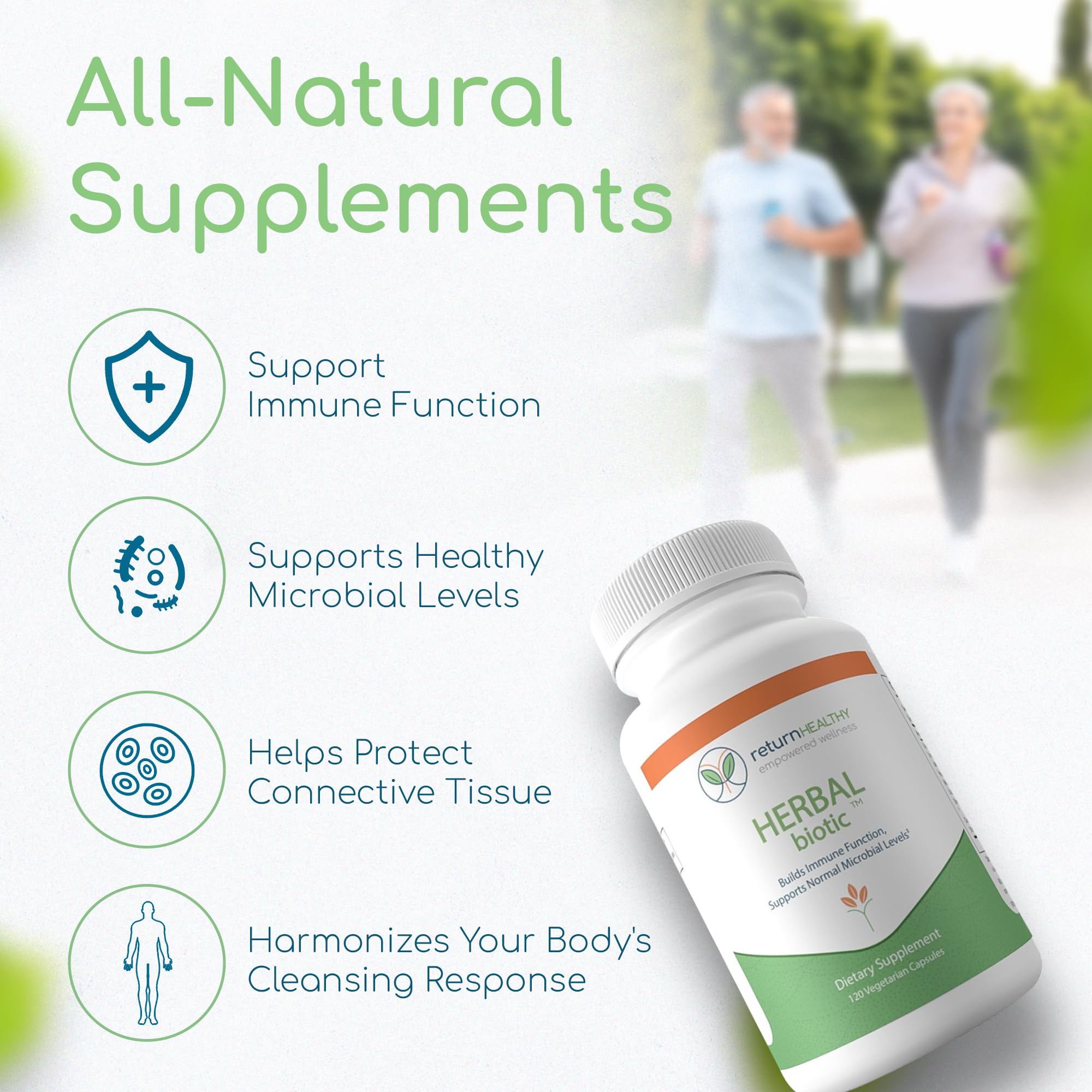 Close-up of Return Healthy Herbal Biotic capsules being poured into a hand for daily use.
