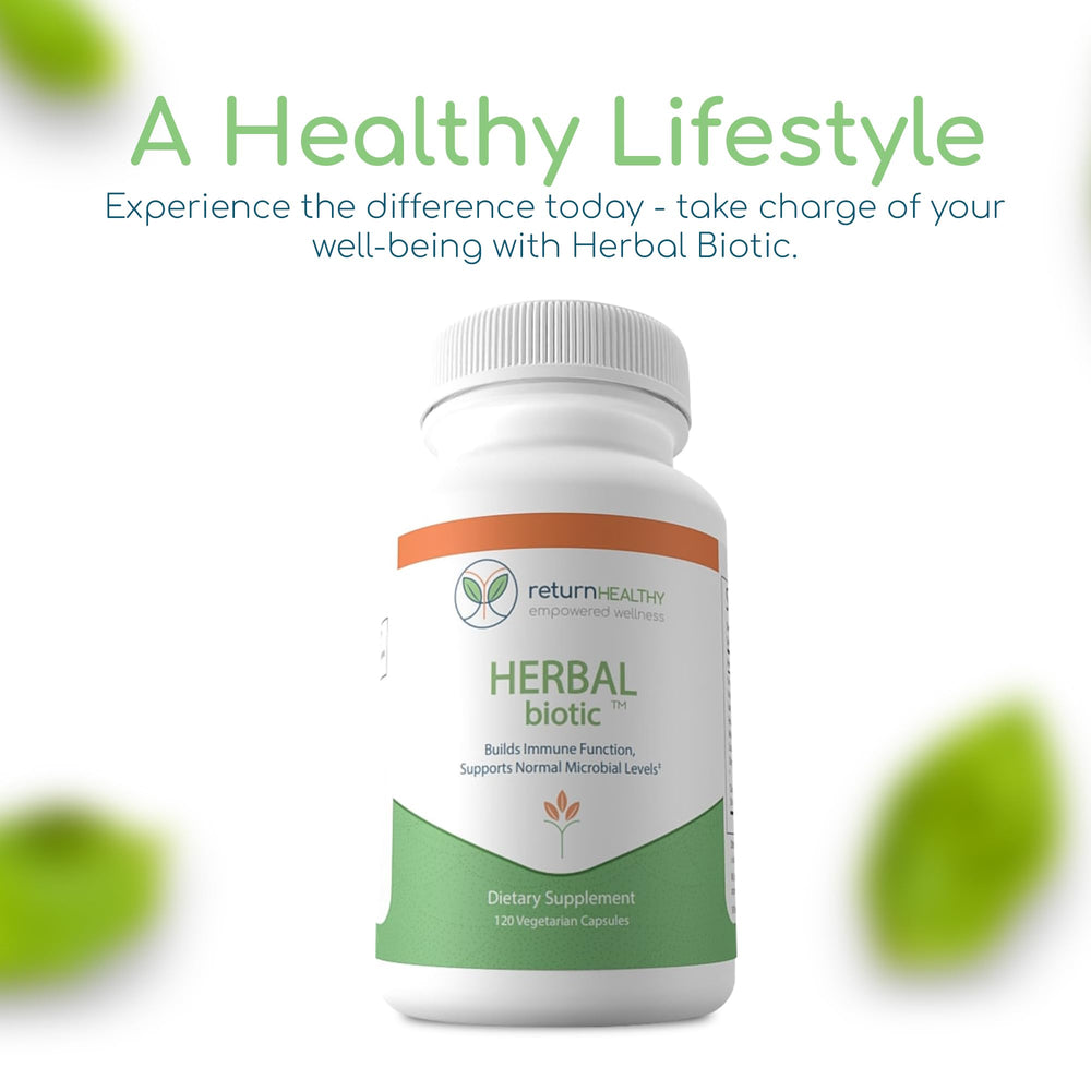 Illustration of Return Healthy Herbal Biotic box featuring cat's claw herb communicates herbal balance.