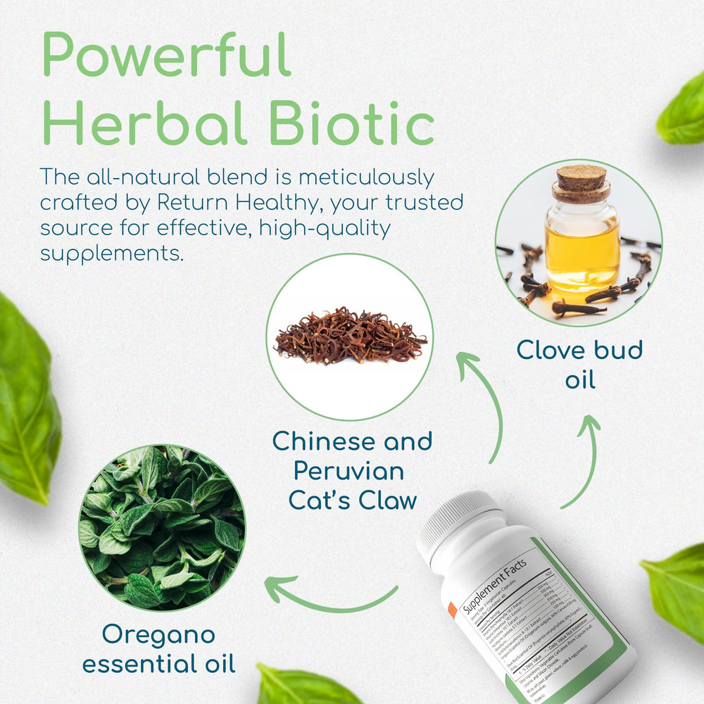 Packaging display of Return Healthy Herbal Biotic emphasizes natural ingredients and wellness focus.