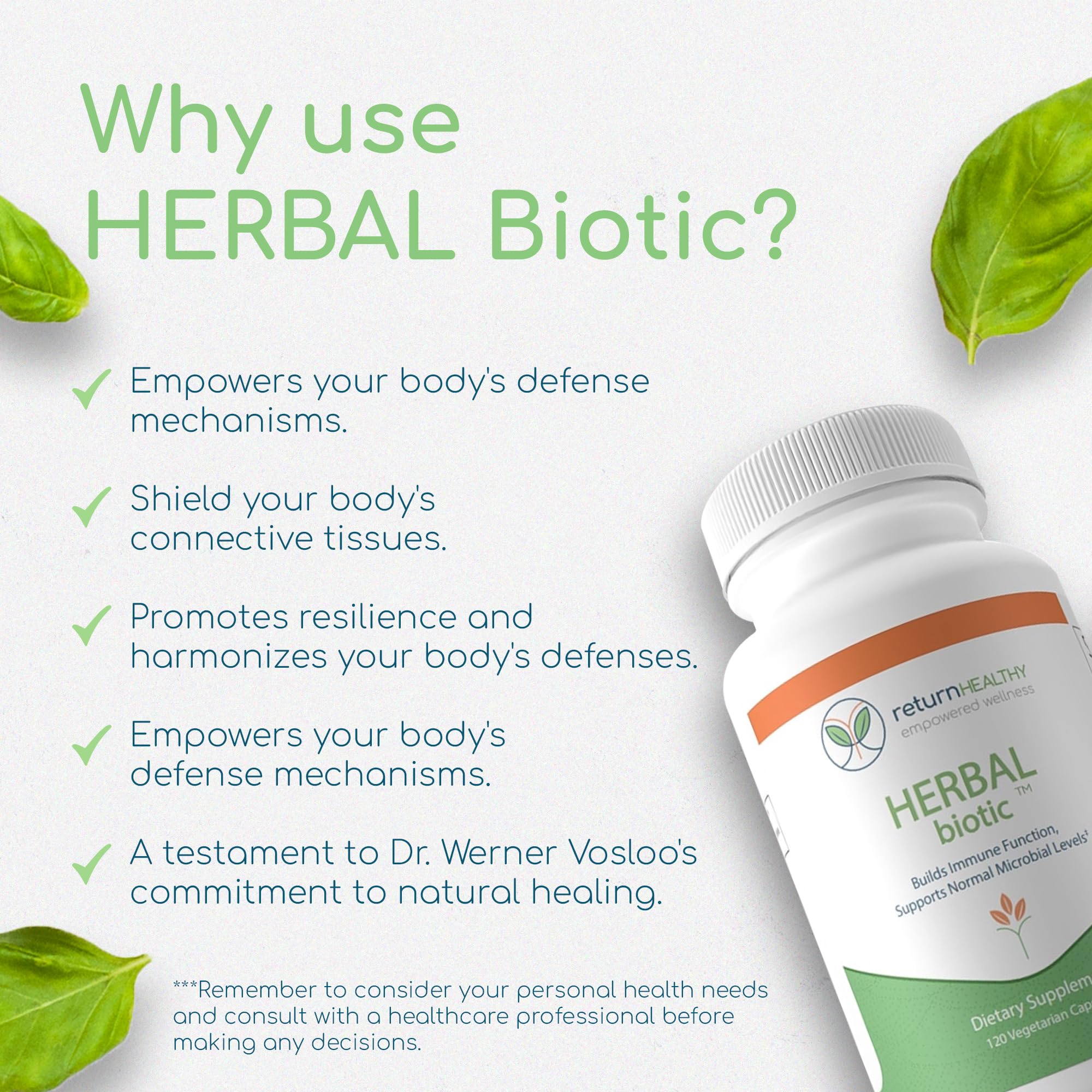 Return Healthy Herbal Biotic tablets sit on a wooden surface suggesting digestive health support.