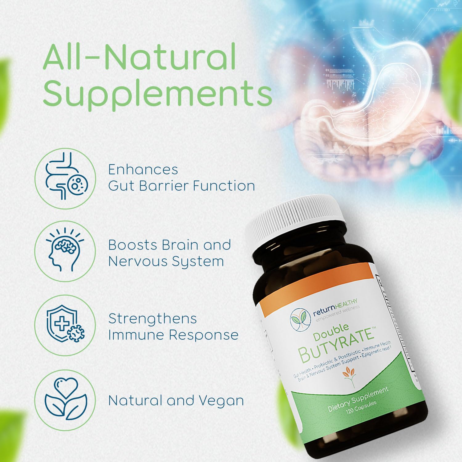 Return Healthy odor-free formula bottle emphasizing low-odor gut health solution