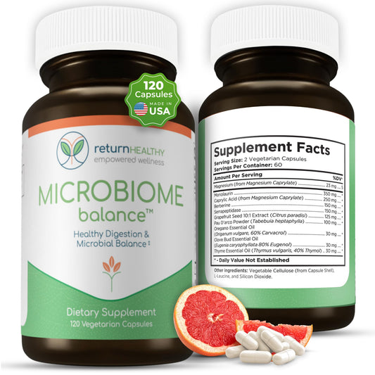 Return Healthy Microbiome Balance bottle with capsules for daily digestive support.