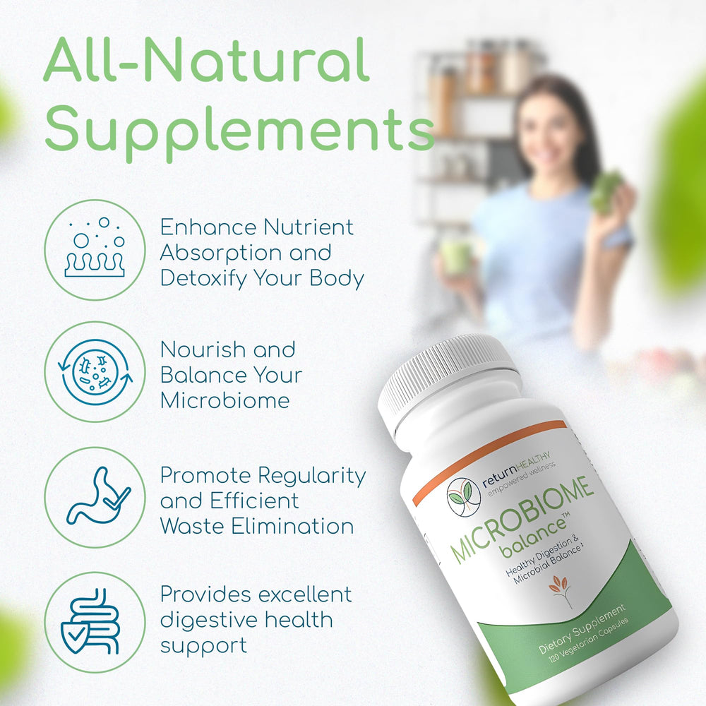 Return Healthy Microbiome Balance capsules in hand for portability.