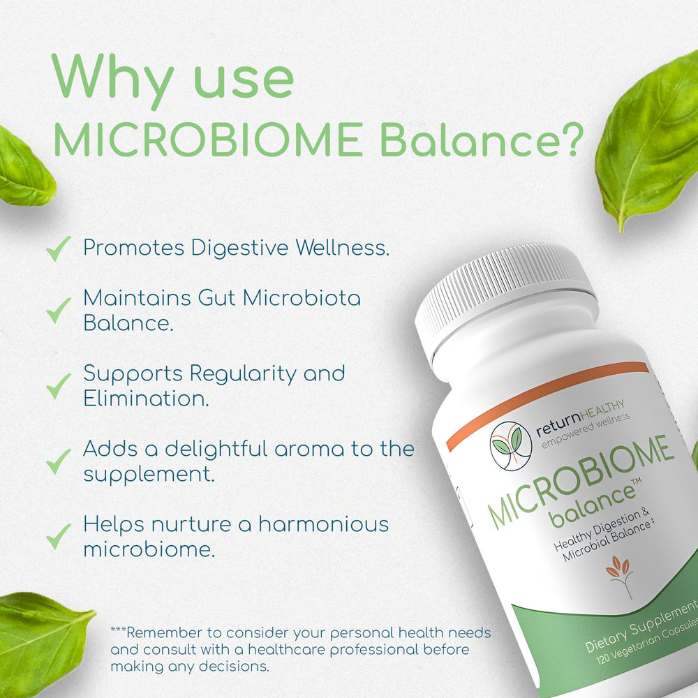 Banner showing Return Healthy Microbiome Balance ingredients and botanicals.