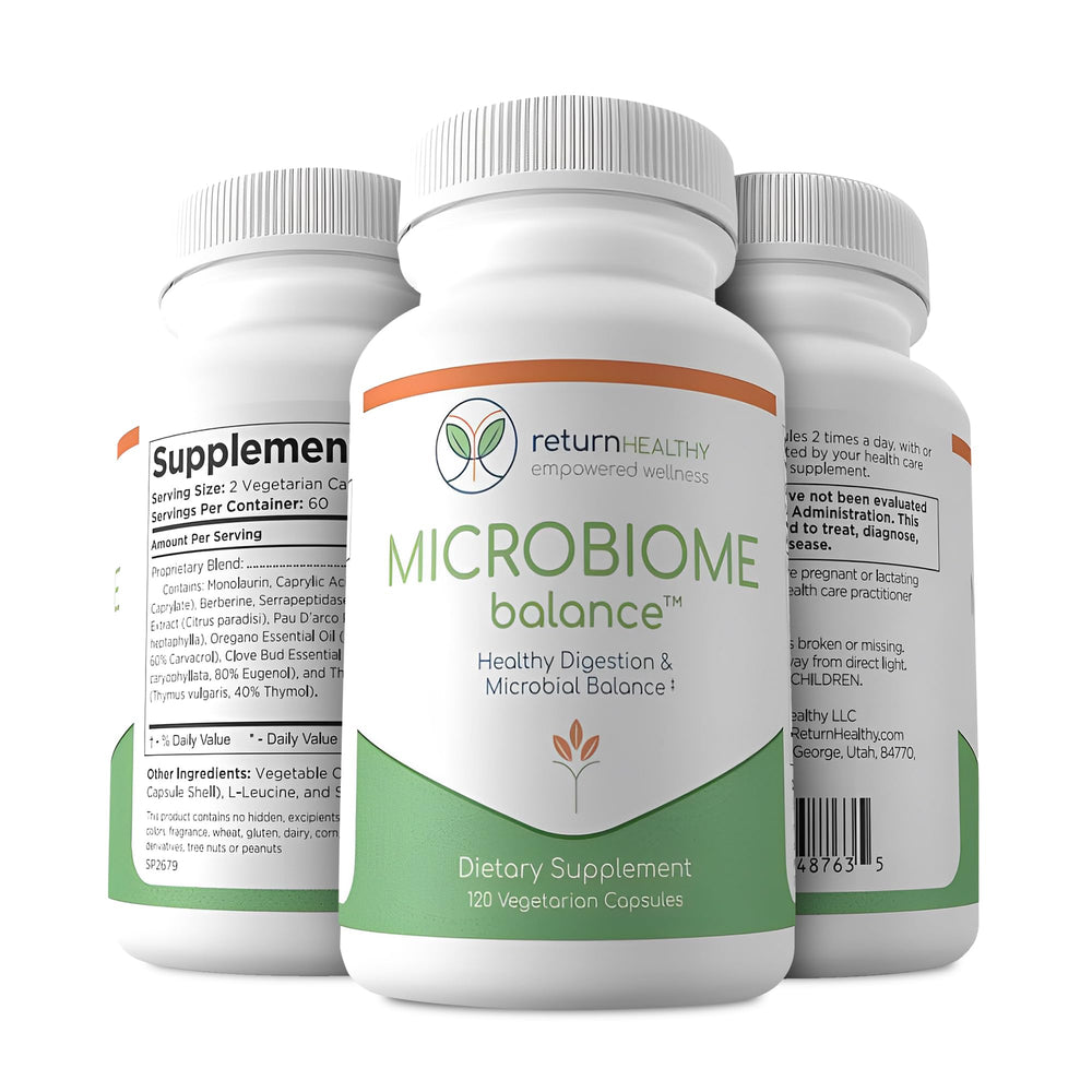 Packaging closeup of Return Healthy Microbiome Balance bottle.
