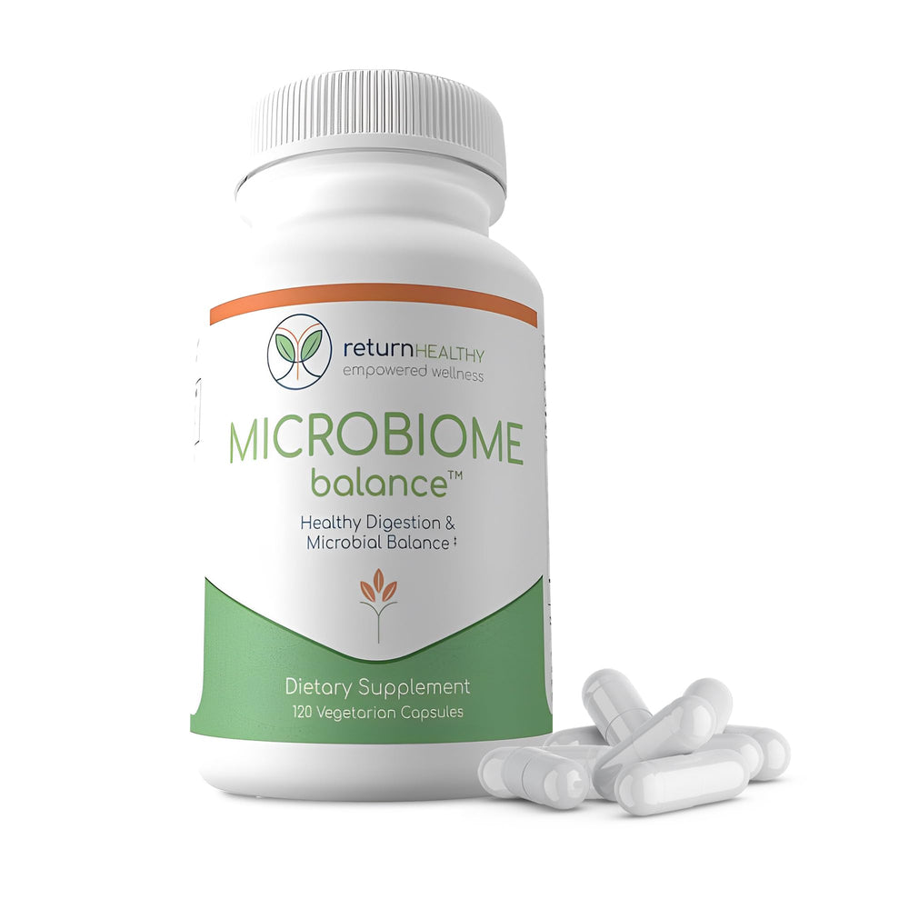 Retail store display featuring Return Healthy Microbiome Balance.