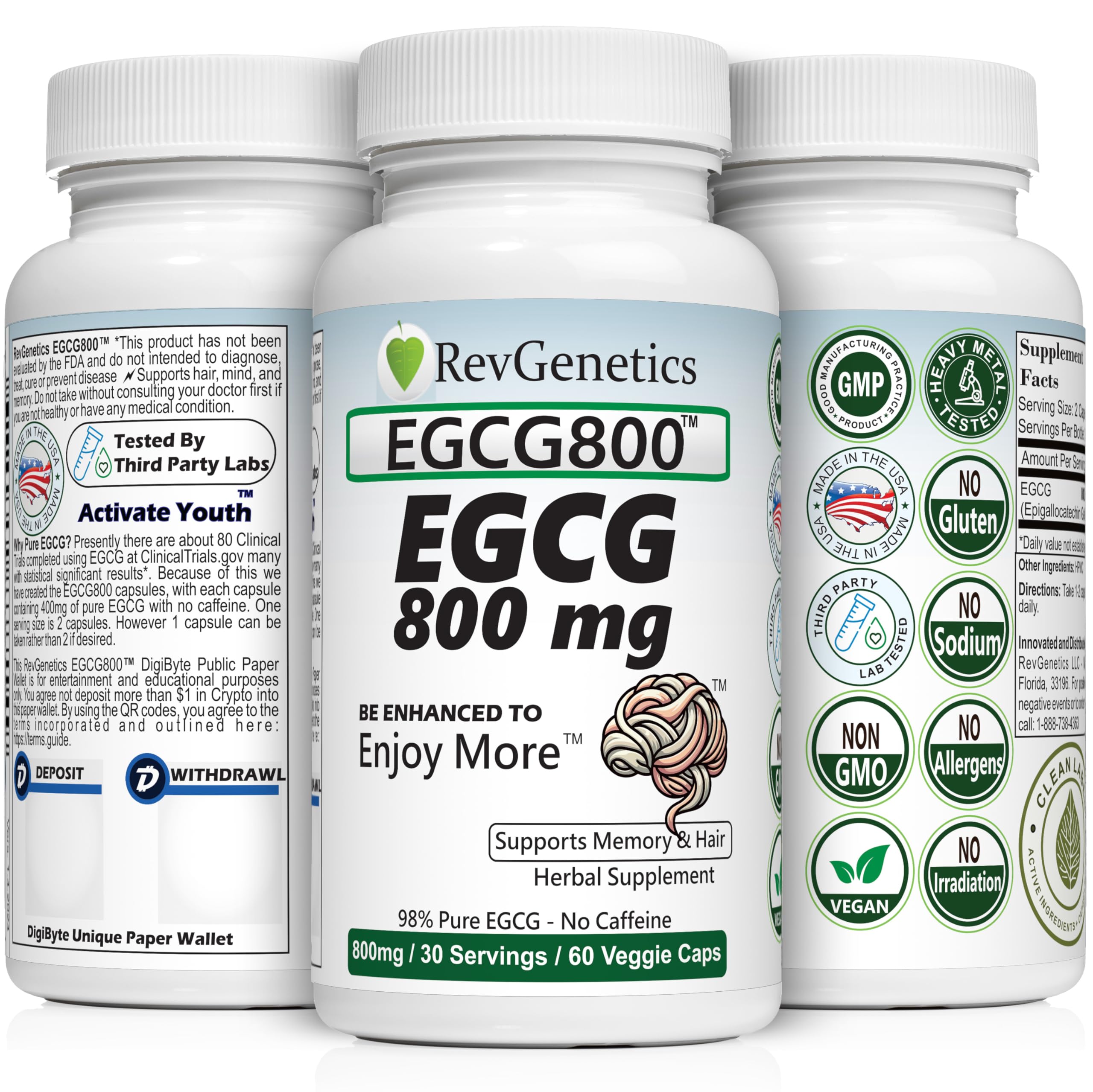 REVGENETICS EGCG800 capsules close-up highlighting pure, caffeine-free energy support.