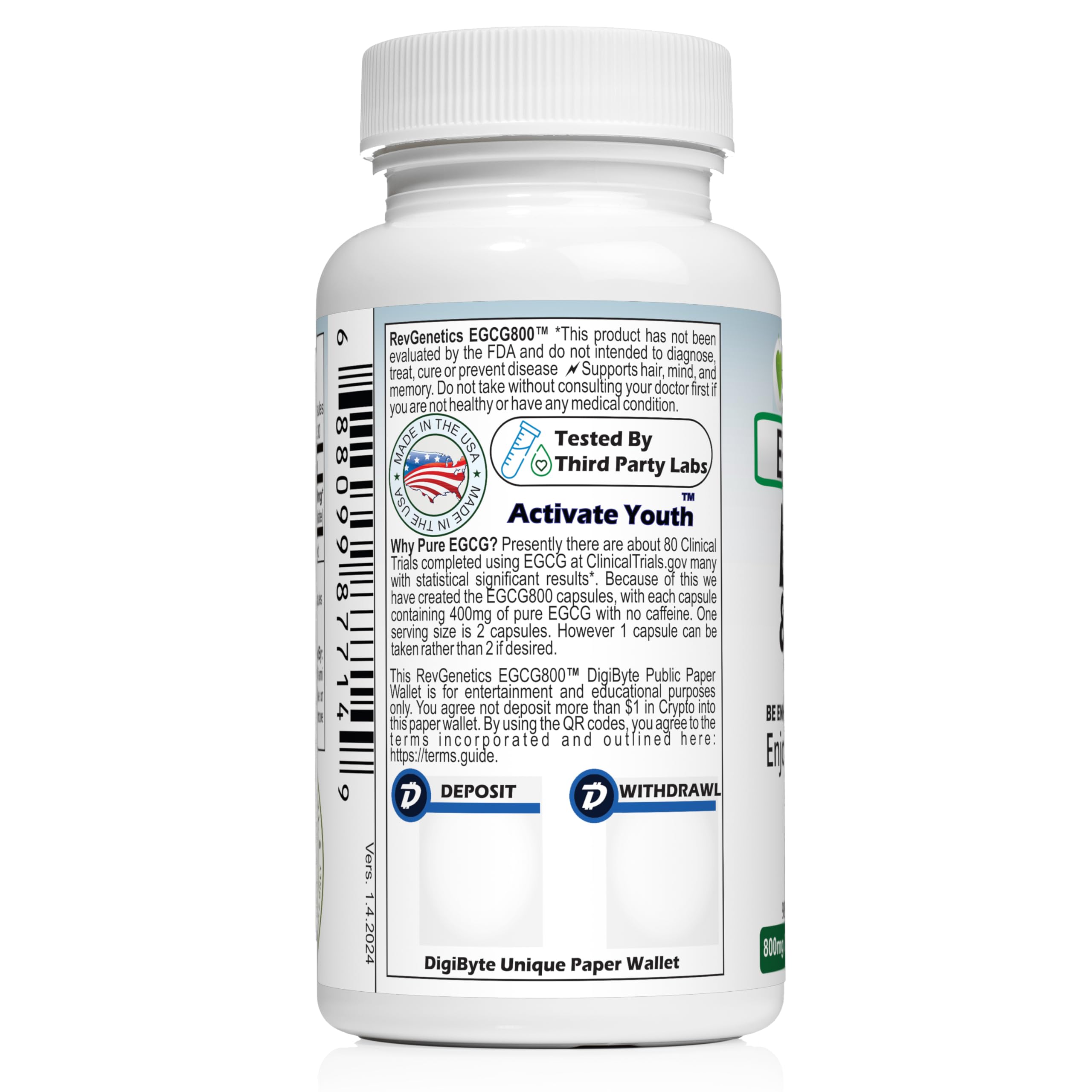 REVGENETICS EGCG800 label detail emphasizing 98% EGCG and vegan formula.