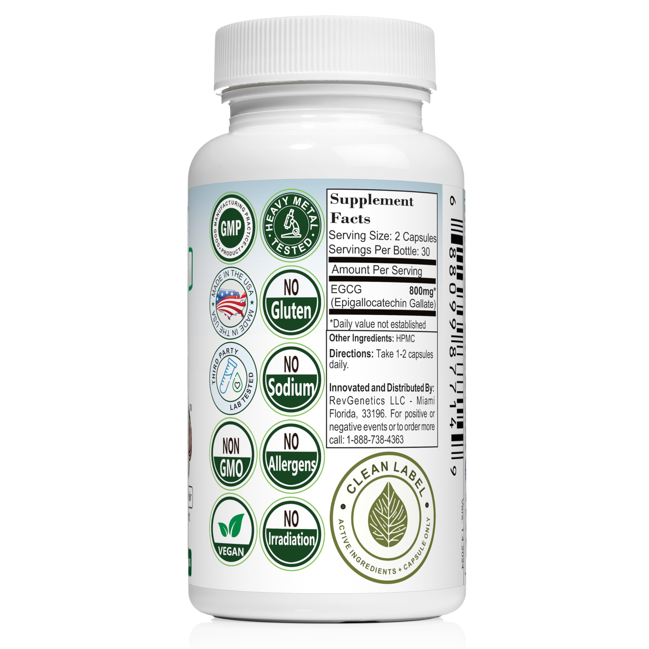 REVGENETICS EGCG800 packaging view showing convenient two-capsule serving.