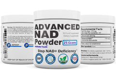 REVGENETICS NAD powder label closeup highlighting purity and GMP notes