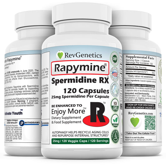 REVGENETICS Rapymine 25mg spermidine bottle close-up for daily wellness
