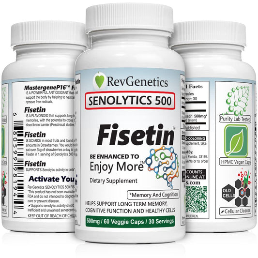 Close-up of REVGENETICS Senolytics 500 capsule for daily wellness support.
